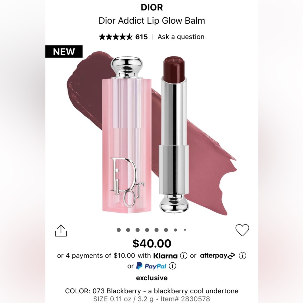 NWT- Dior- Lip Glow- 073 BlackBerry- Hydrating Lip Balm